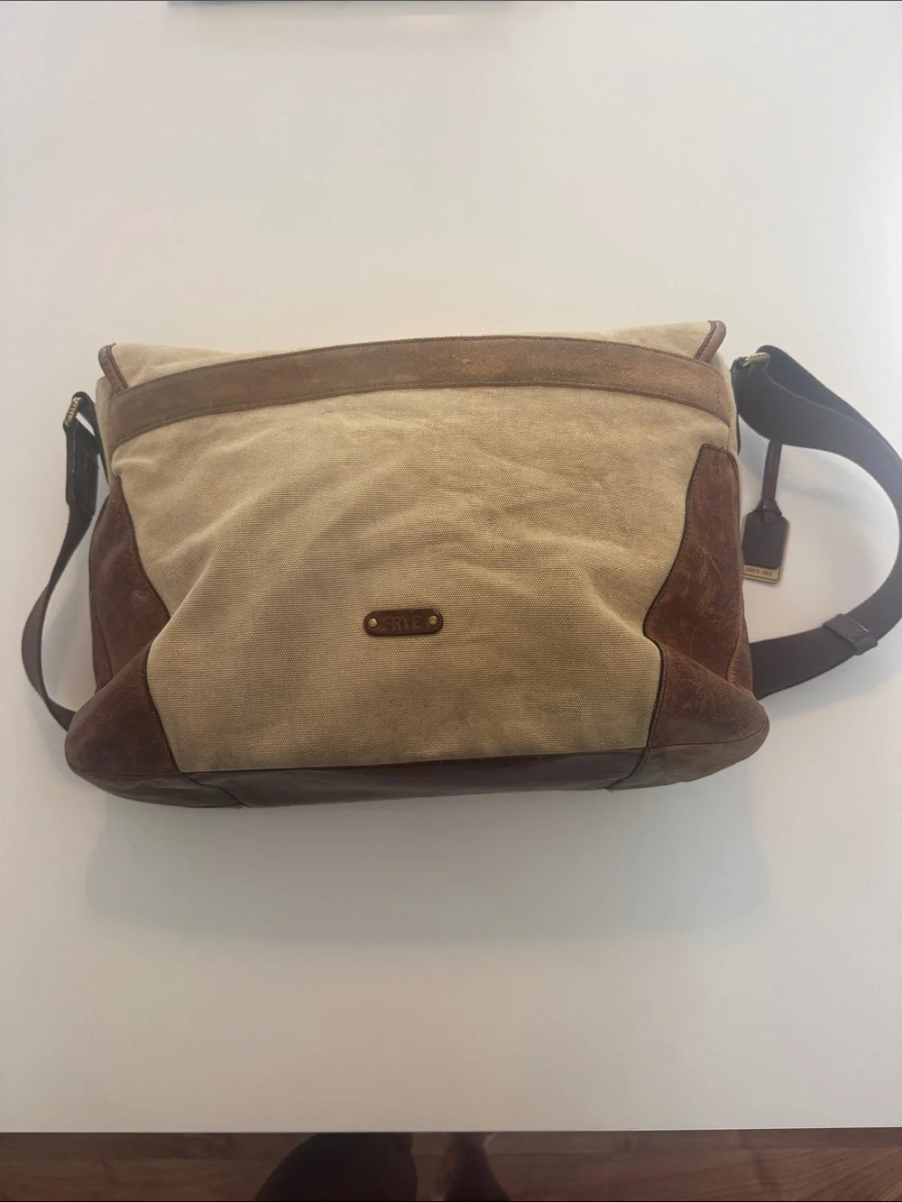 Frye Tan Canvas and Brown Leather Messenger Bag